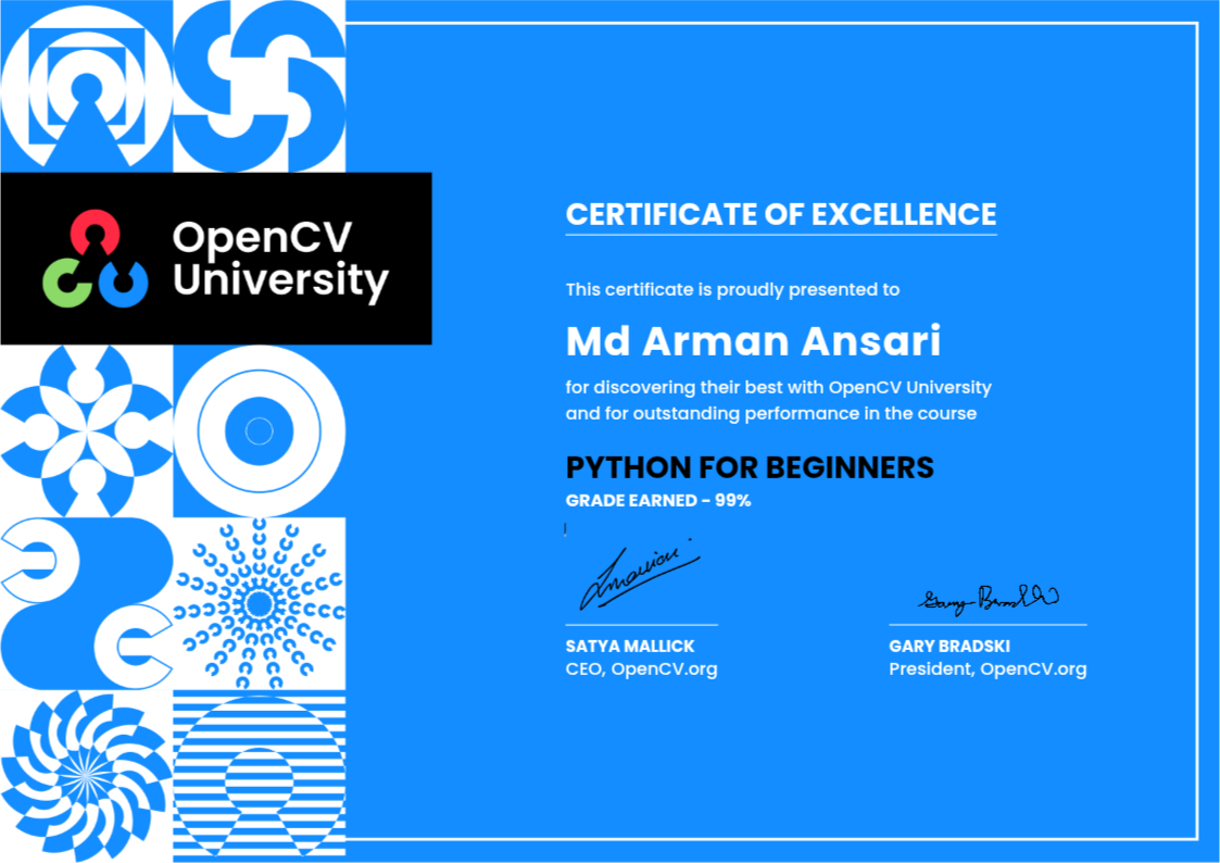 Python Python For Beginners Certificate | OpenCV